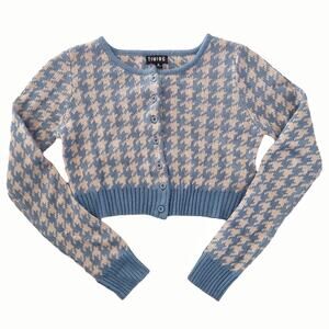 Retro Blue & Tan Hounds Tooth Cardigan Size S Cropped Button-Down Sweater Casual